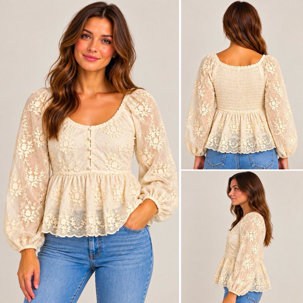 Willow + Root Womens M Cream Embroidered Peplum Blouse Sheer Balloon Sleeve Boho